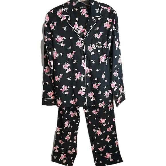 Lauren Ralph Lauren XS Pajama Set Cotton Black Floral Pants Top Logo NEW - Picture 2 of 10